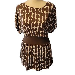 SPEECHLESS Women's (Sz M) Brown/white Blouse Short Sleeve waist Tie Round waist